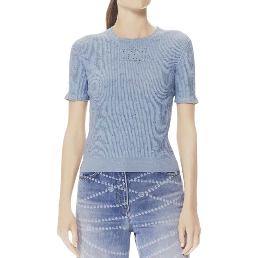 CHANEL Knitwear Women's Blue Crew Neck Moderate Straight Fit