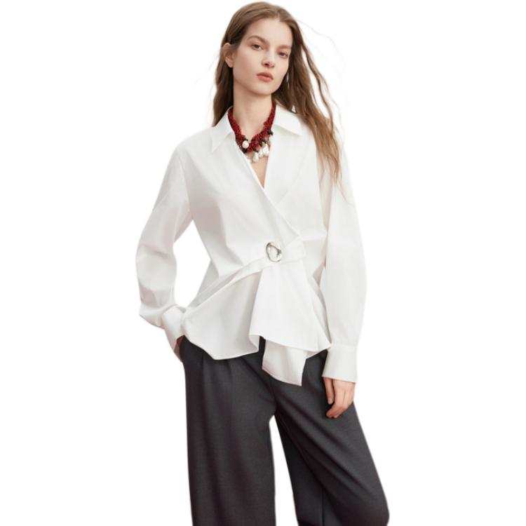 ELLE Shirts Women's White Lapel Moderate Shirt