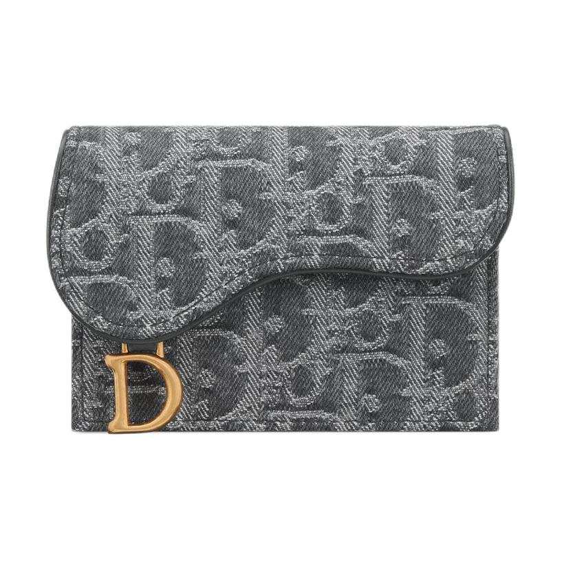 DIOR Saddle Cotton Calfskin Fabric Card Holder Women's Gray
