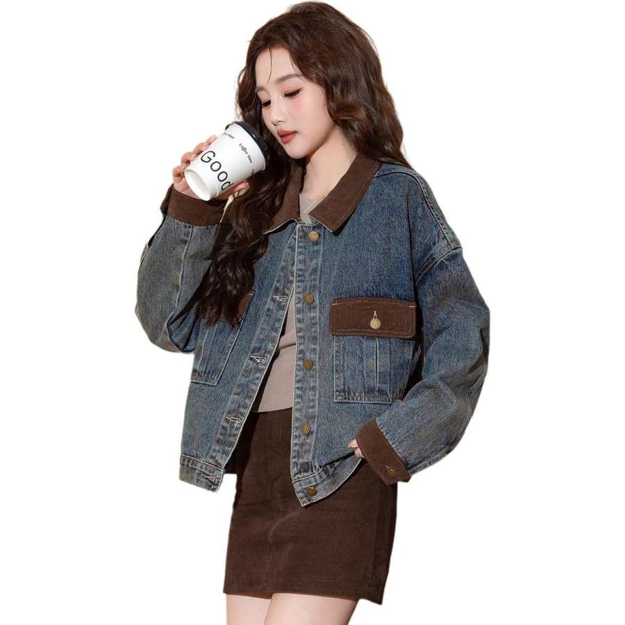 Tonlion Denim Jackets Women's Lapel Moderate Straight Fit