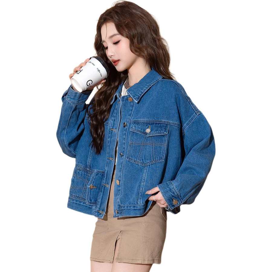 Tonlion Denim Jackets Women's Aqua Blue Lapel Moderate Straight Fit