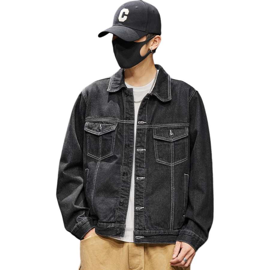 Tonlion Denim Jackets Unisex Black Lapel Moderate Straight Fit