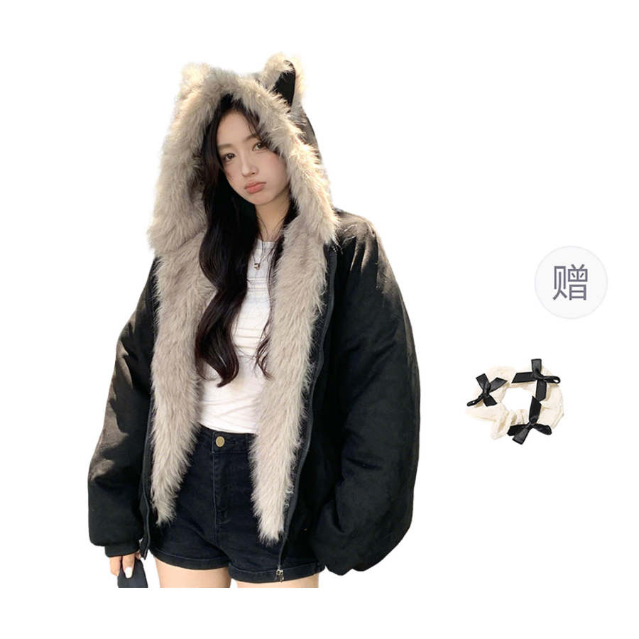 CPAURA Parka Coats Women's Black+Bowknot Hair Tie Comes With Hooded Moderate