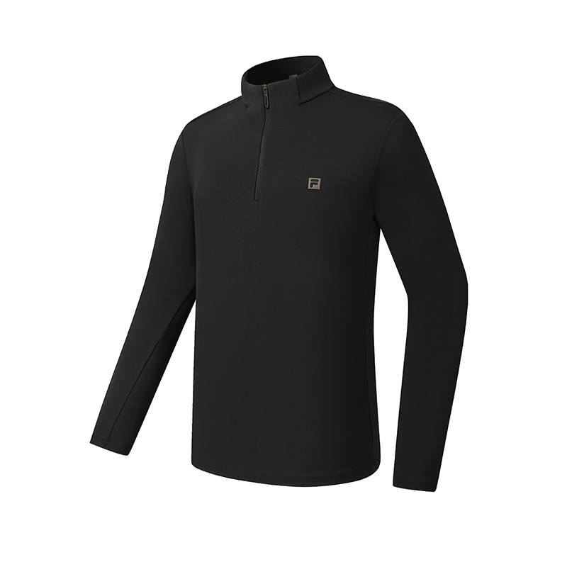 FILA Fitness T Shirts Men's Pitch Black Stand Collar Thickened And Fleece Lined Straight Fit