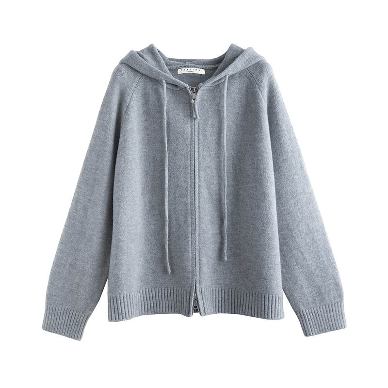 Tonlion Knitwear Women's Light Heather Gray Hooded Moderate Cardigan