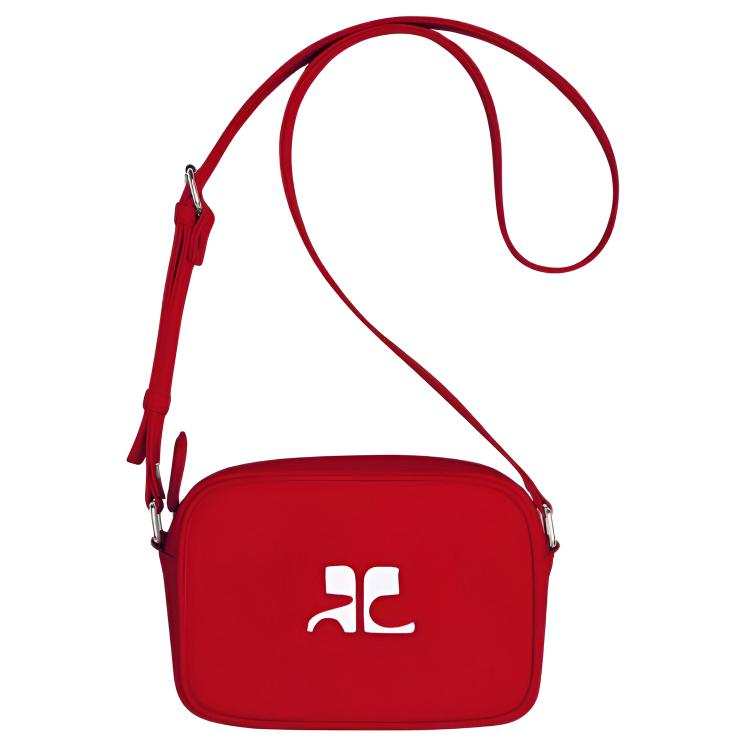 COURREGES Leather Camera Bag, Shoulder Bag, Crossbody Bag Women's Red