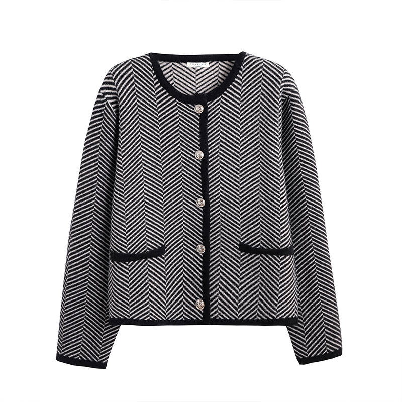 Tonlion Knitwear Women's Black Tone Crew Neck Moderate Cardigan
