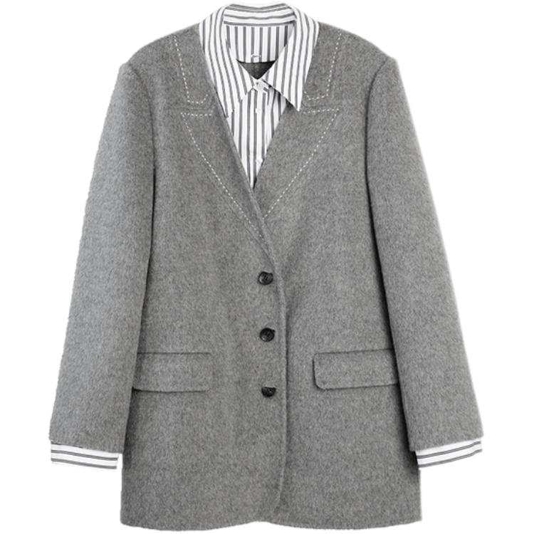 ELLE Coats Women's Medium Gray Suit Collar Thickened Straight Fit