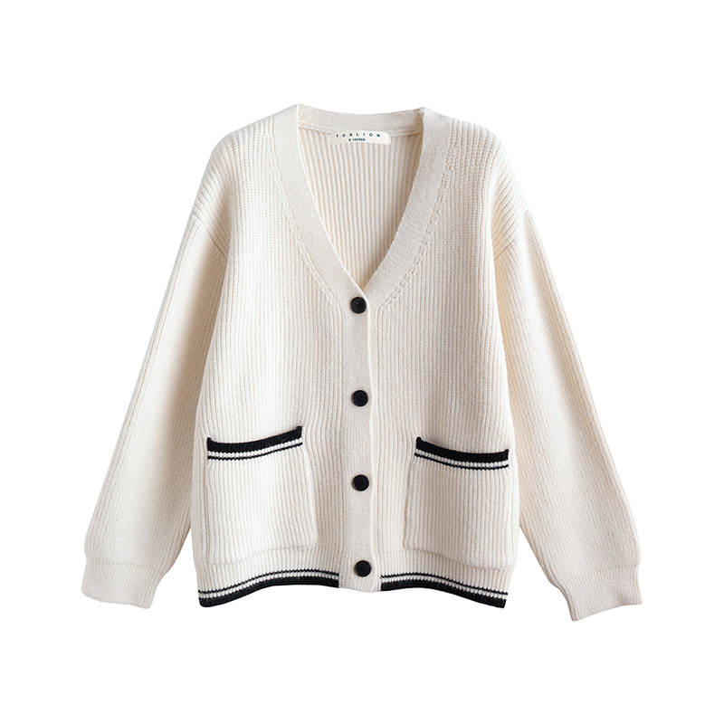 Tonlion Knitwear Women's Beige Apricot V Neck Moderate Cardigan
