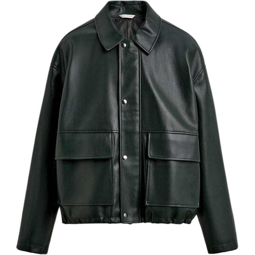 ZARA Leather Jackets Men's Dark Green Lapel Moderate