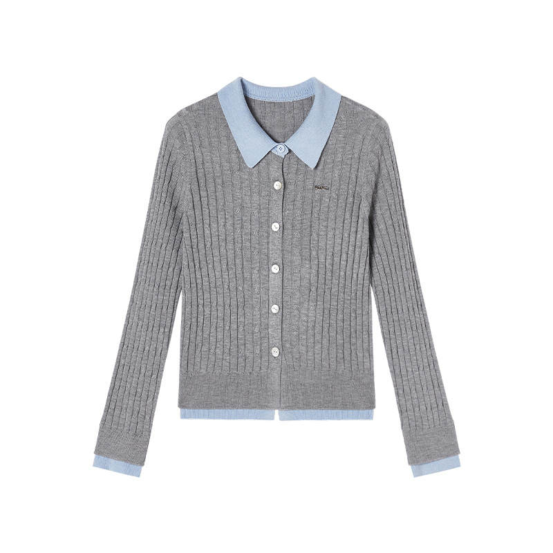 XIANGYING Knitwear Women's Light Gray Lapel Moderate Mock Two Piece