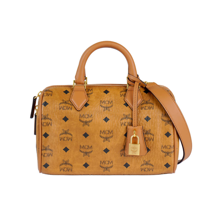 MCM Ella Canvas With Leather Boston Bag, Crossbody Handbag Small Women's Cognac