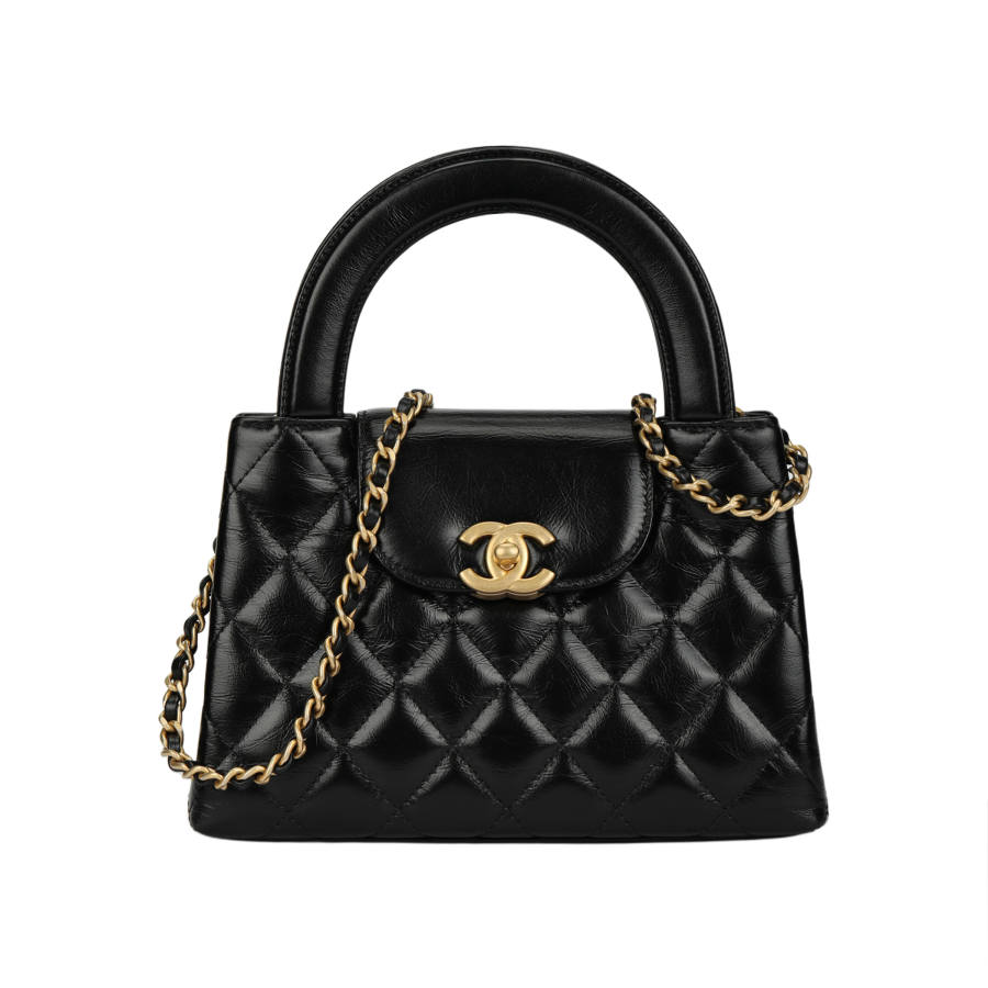 CHANEL Kelly Shiny Crumpled Calfskin Chain Mini Shopping Bag Women's Black