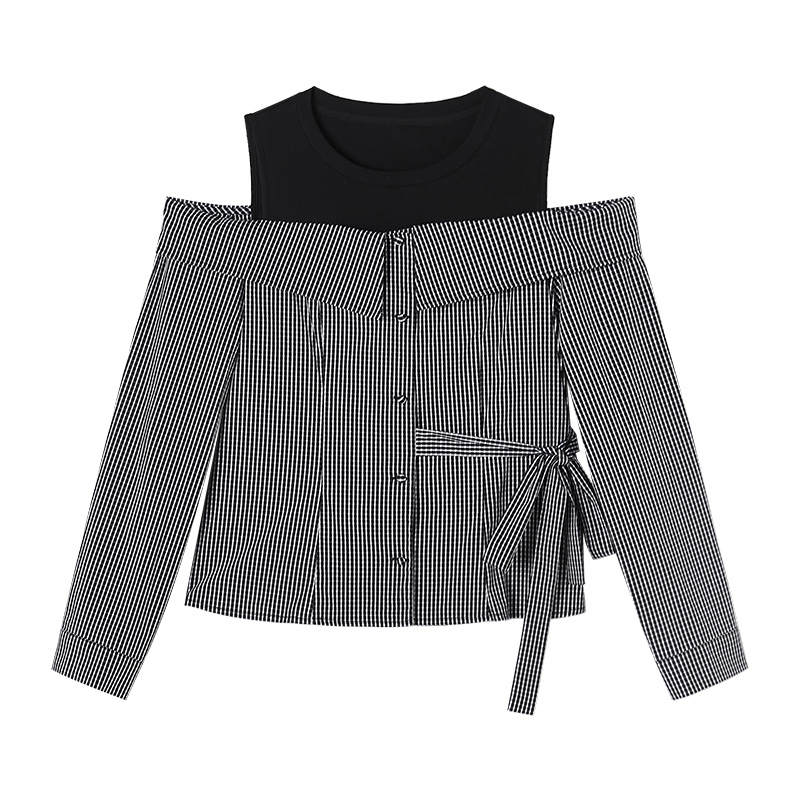 XIANGYING Shirts Women's Blue Plaid Moderate Mock Two Piece