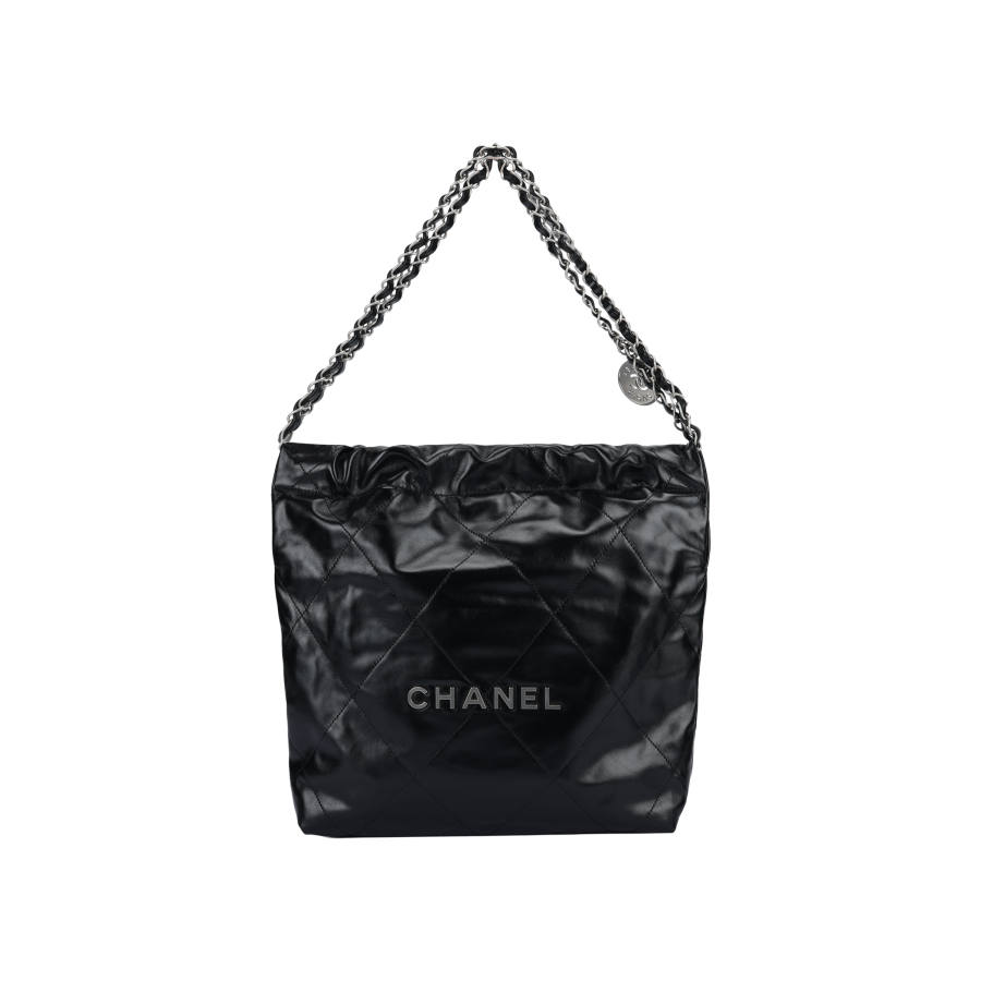 CHANEL 22Bag Shiny Calfskin & Silver Metal Trash Bag, Shoulder Bag Small Women's Black