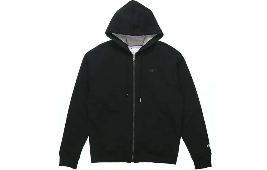 Champion Casual Double Logo Zippers Hooded Fleece Lined Sweatshirt US Version Unisex Black