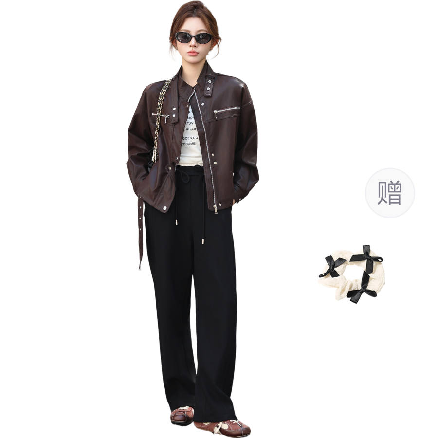 CPAURA Leather Jackets Women's Stand Collar Moderate Other