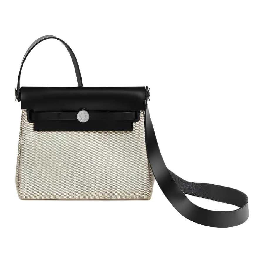 HERMES Herbag Zip Viking Canvas With Hunter Cow Leather Shoulder Bag 20 Unisex Beige & Black
