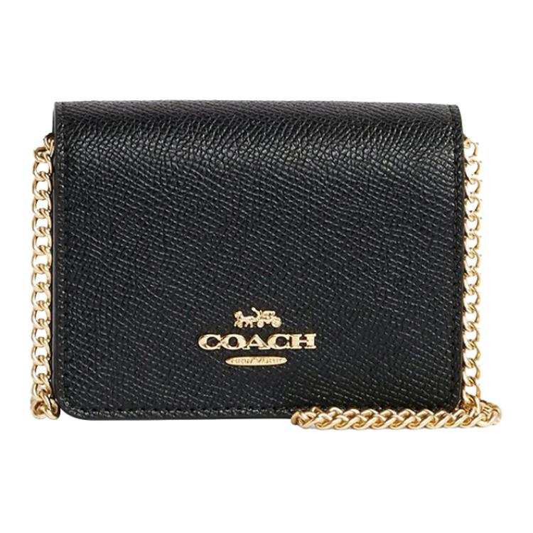 COACH Women's Mini Leather Wallet Chain Crossbody Bag Black