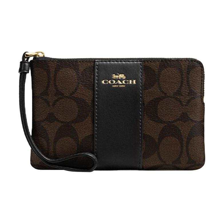 COACH Corner Zip Canvas With Leather Clutch Wrist Bag Pochette Coin Purse Women's Dark Brown