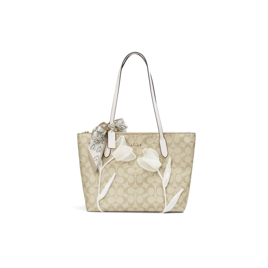 COACH Zip Top Tote PVC Tote Handbag, Shoulder Bag Large Women's White Brown
