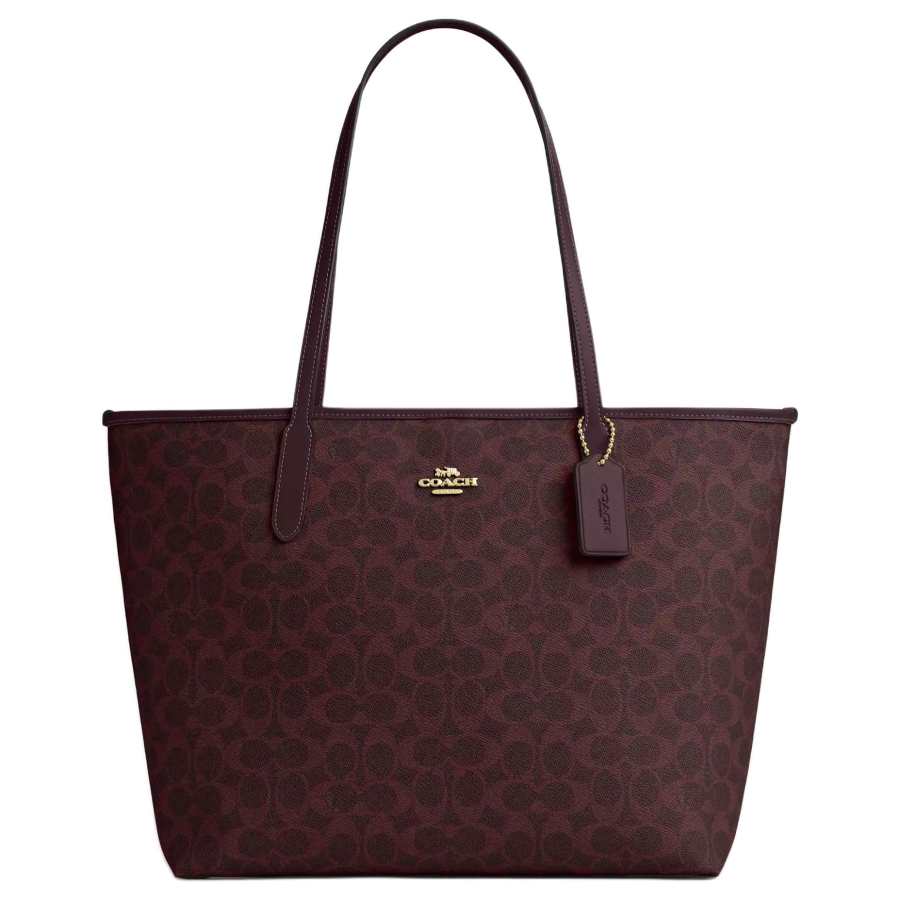 COACH City Signature Coated Canvas Tote Bag, Shopping Bag, Handbag, Shoulder Bag Large Women's Black Currant