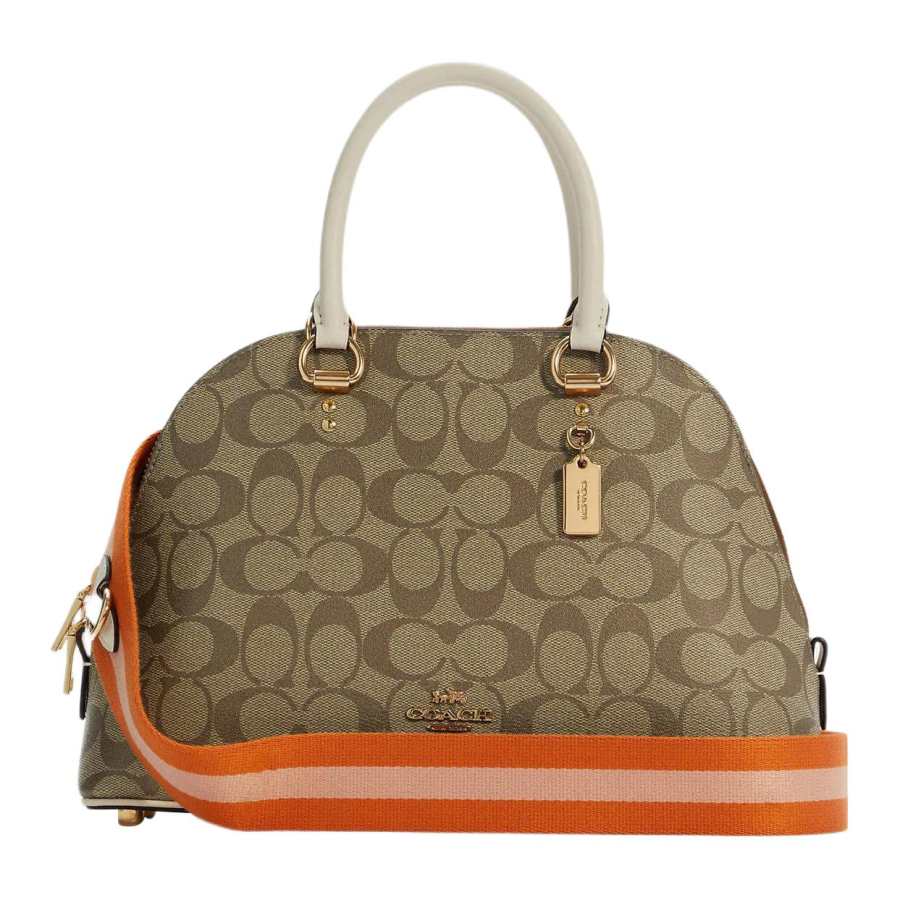 COACH Katy Canvas With Leather One Shoulder Crossbody Dome Bag Handbag Large Women's Khaki & Orange