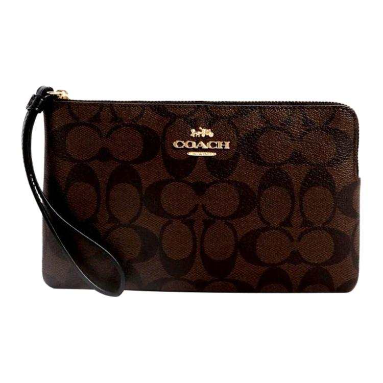 COACH Corner Zip Canvas With Leather Pochette Clutch Small Women's Black Brown