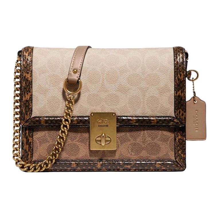 COACH Hutton Leather With Snake Skin With Coated Canvas Small Square Bag, Shoulder Bag, Crossbody Bag Women's Brown