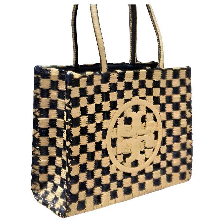 TORY BURCH Ella Straw Woven Tote Bag, Shopping Bag, Handbag, Shoulder Bag Small Women's Black & Natural