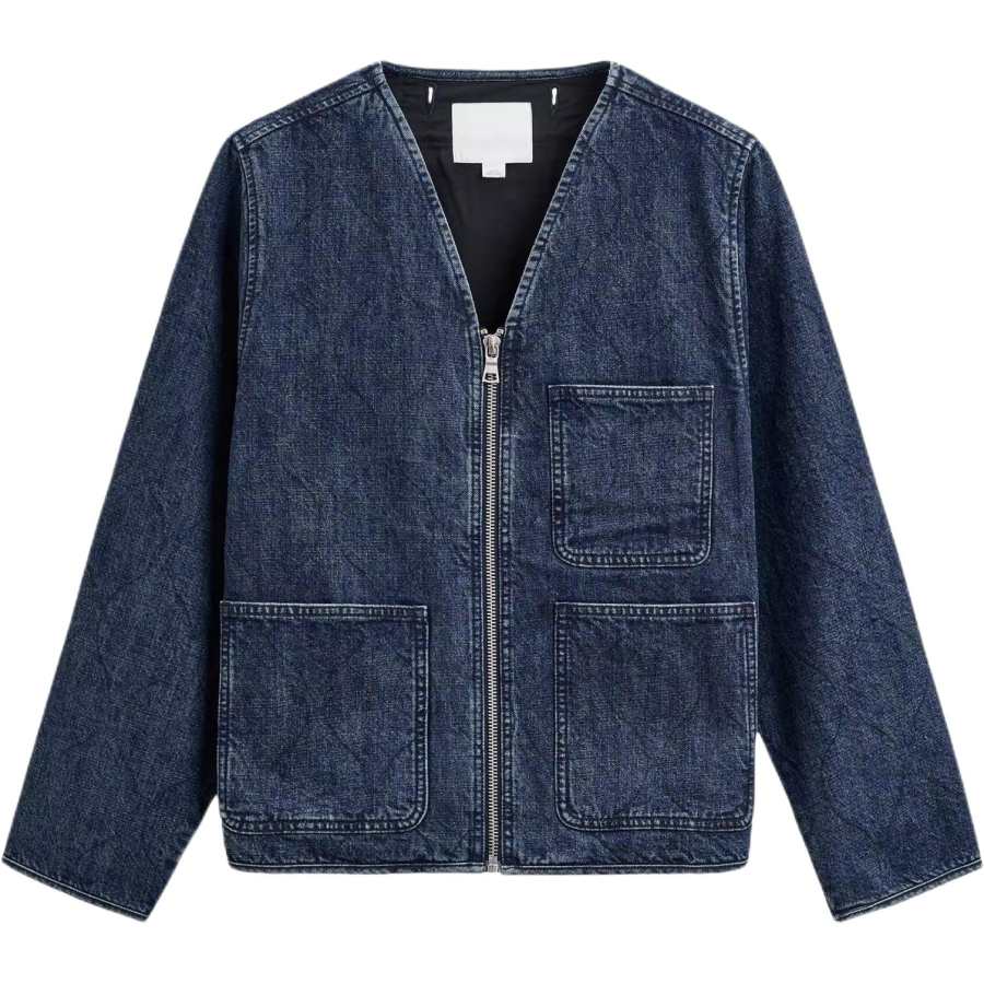 ZARA Denim Jackets Men's Dark Blue V Neck Moderate