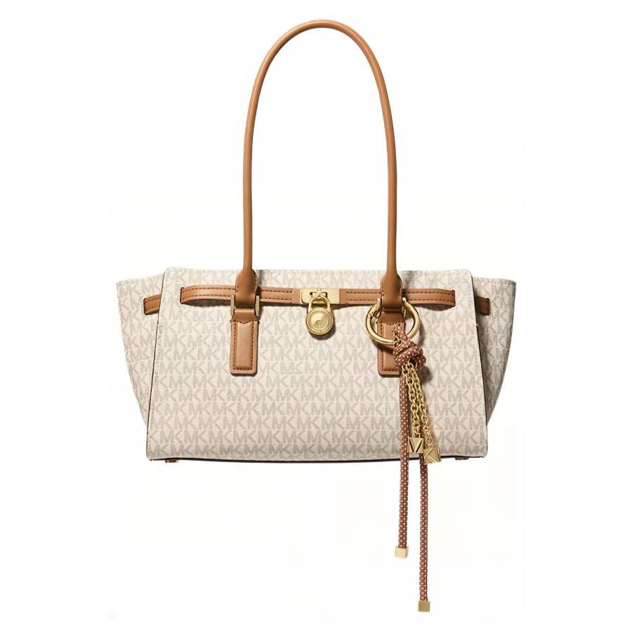 MICHAEL KORS Hamilton Coated Canvas Gold Lock Jewelry, Shoulder Bag Small Women's Vanilla White & Acorn Brown