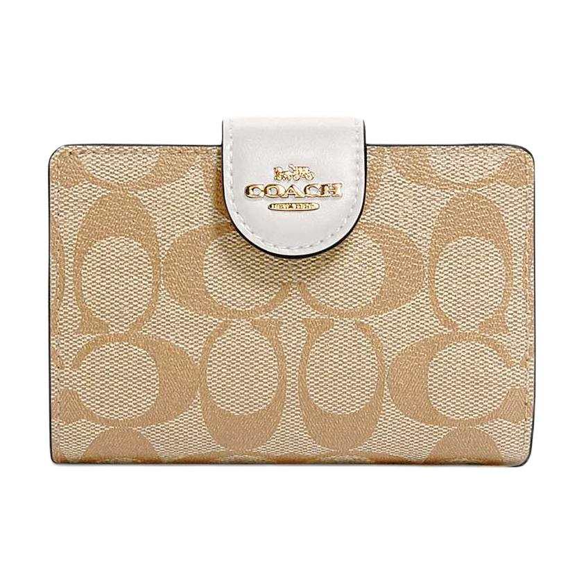 COACH Corner Zip Cow Leather Wallet Women's Light Brown & White