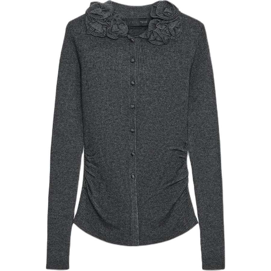 ZARA Knitwear Women's Coal Gray Lapel Moderate Cardigan