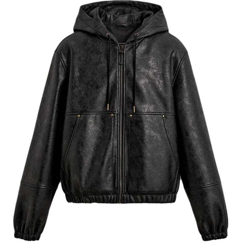 ZARA Leather Jackets Men's Black Hooded Moderate
