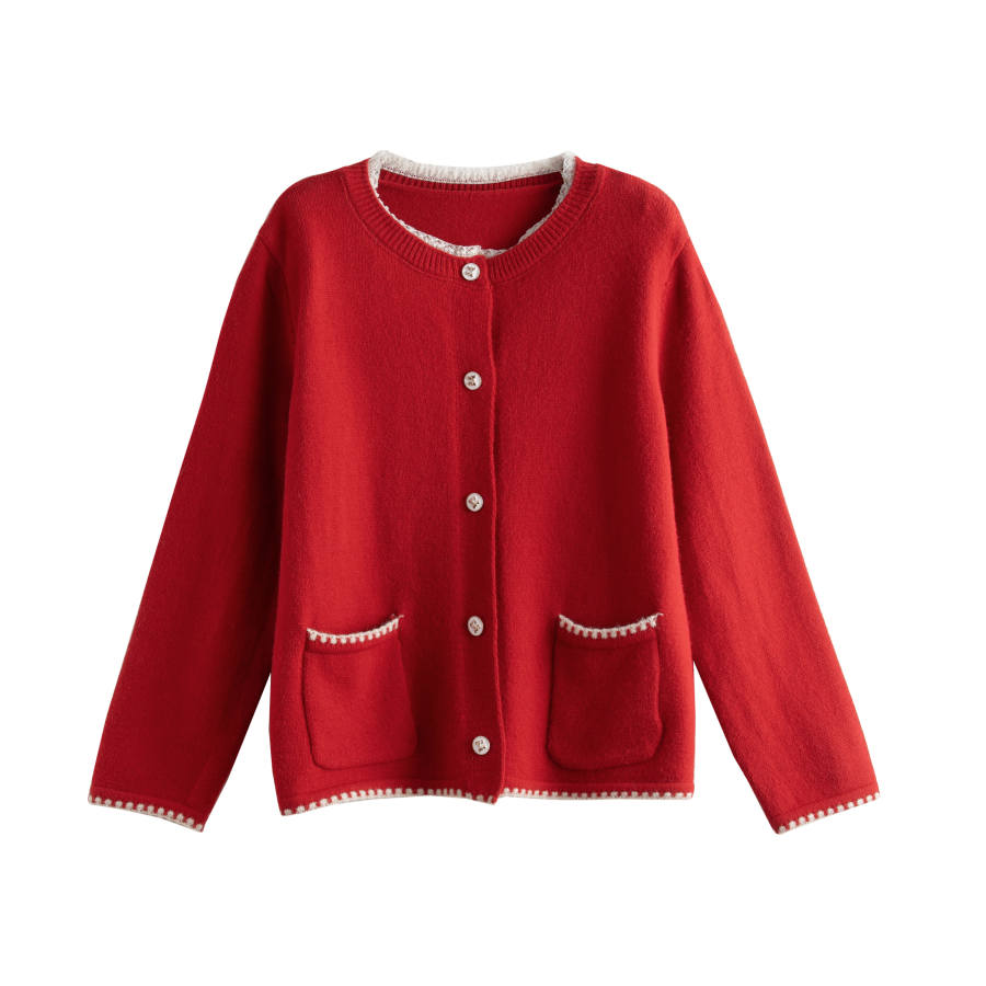 Tonlion Knitwear Women's Red Tone Crew Neck Moderate Cardigan