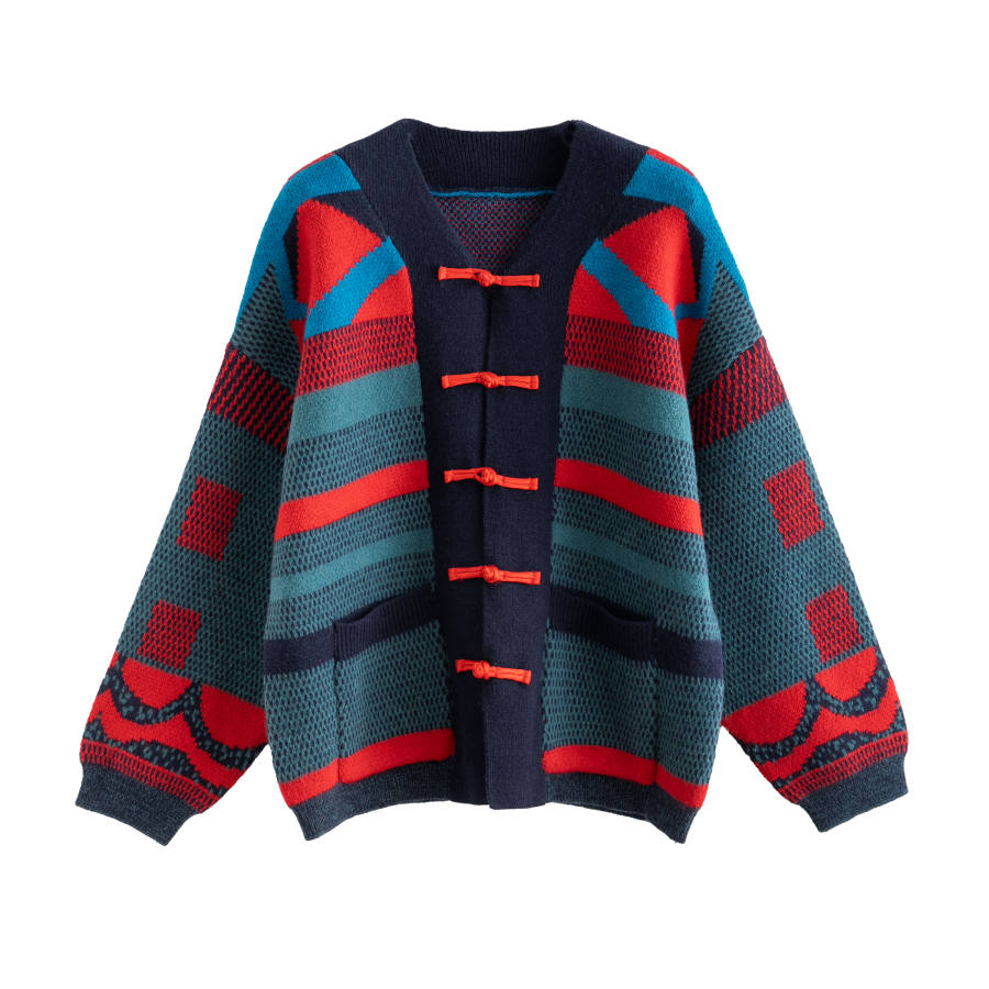 Tonlion Knitwear Women's Blue Tone V Neck Moderate Cardigan