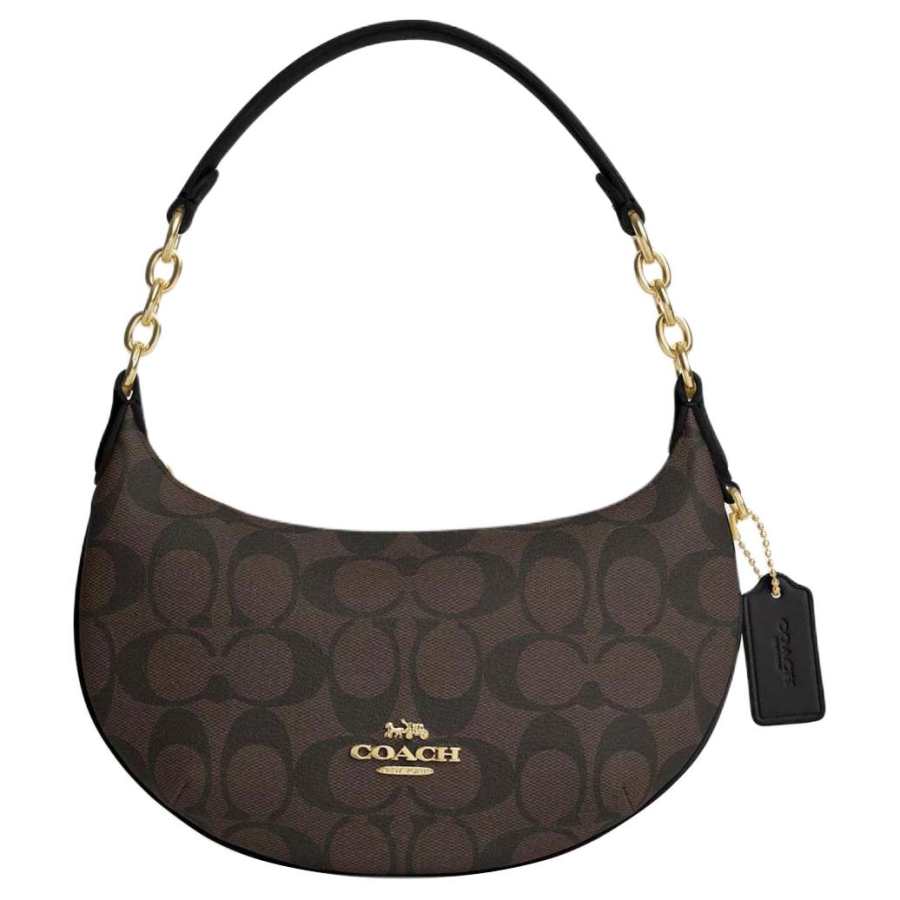 COACH Payton Canvas With Leather Handbag, Shoulder Bag Small Women's Gold & Brown & Black