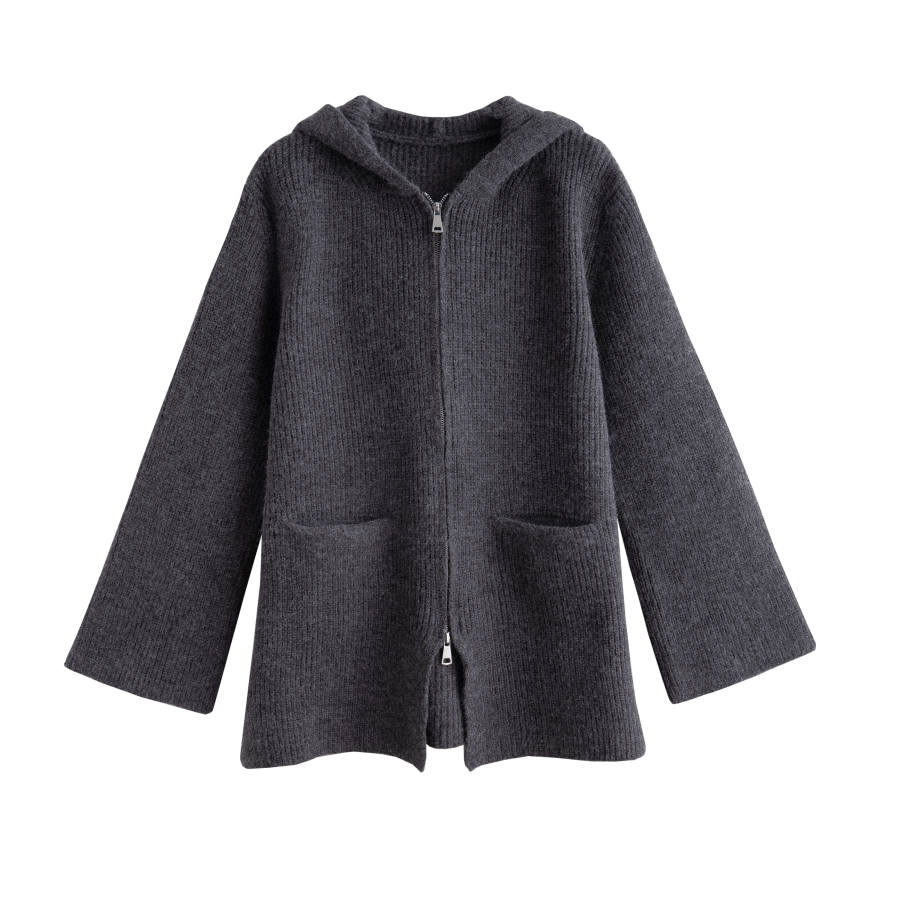 Tonlion Knitwear Women's Dark Heather Gray Hooded Moderate Cardigan