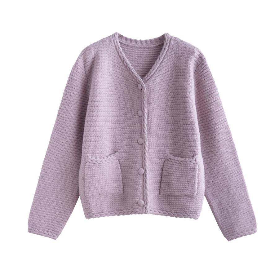 Tonlion Knitwear Women's Gray Pink V Neck Moderate Cardigan