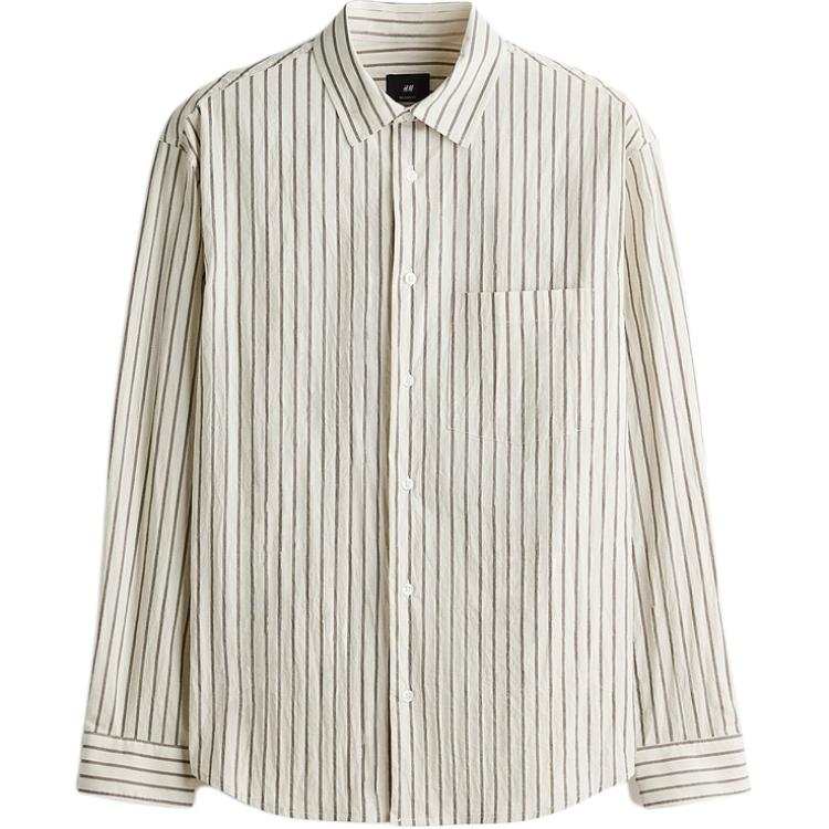 H&M Shirts Men's Cream/Dark Beige Stripes Lapel Moderate