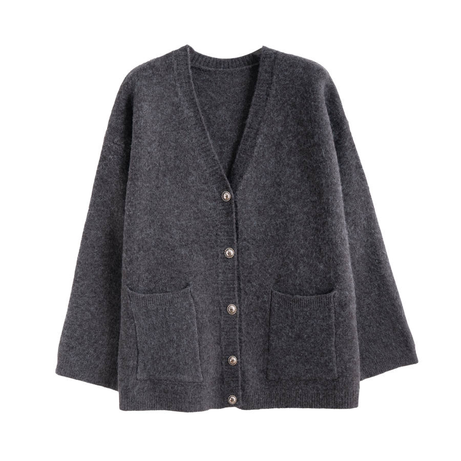 Tonlion Knitwear Women's Light Heather Gray V Neck Moderate Cardigan