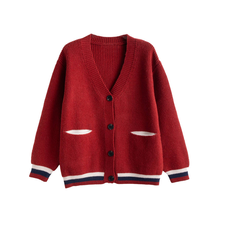 Tonlion Knitwear Women's Red Tone V Neck Moderate Cardigan