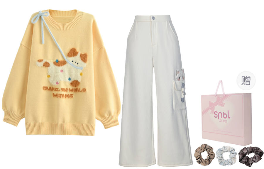 SNBL Soft Sweater Sweet Style Cute Kitten Long Sleeved Knitwear Pullover Top Fleece Lined Wide Leg Straight Fit Pants