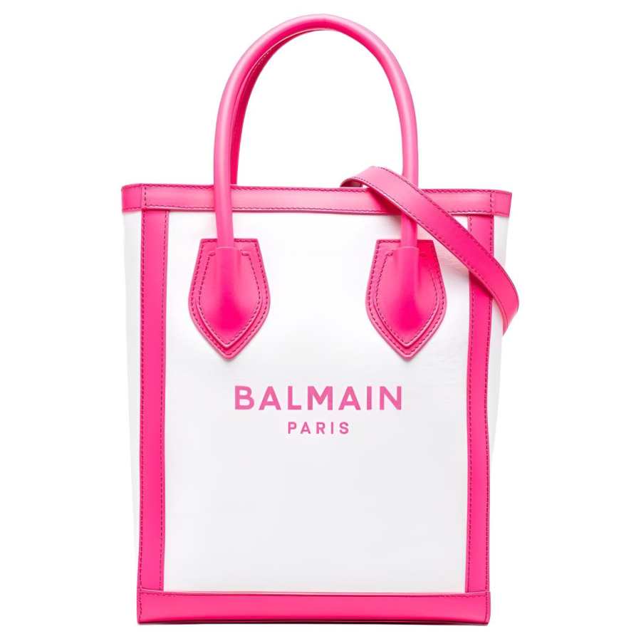 BALMAIN B ARMY Cotton With Calfskin Tote Bag, Shopping Bag, Portable Crossbody Bag, Shoulder Bag Women's White/Pink