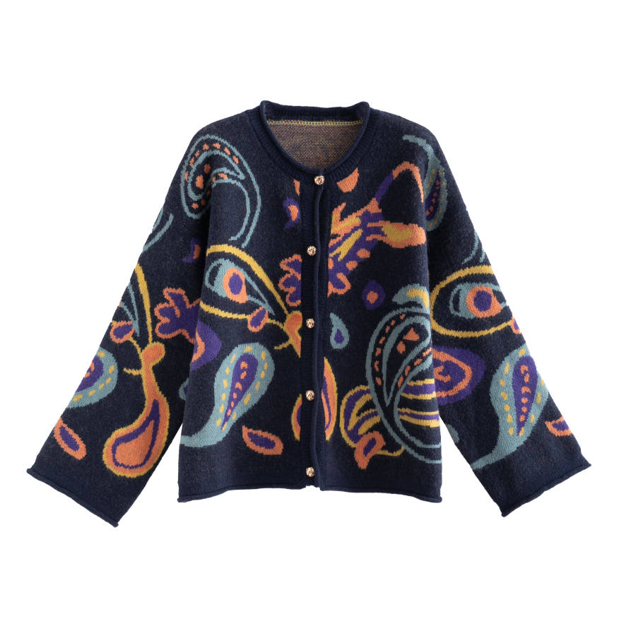 Tonlion Knitwear Women's Dark Blue Crew Neck Moderate Cardigan