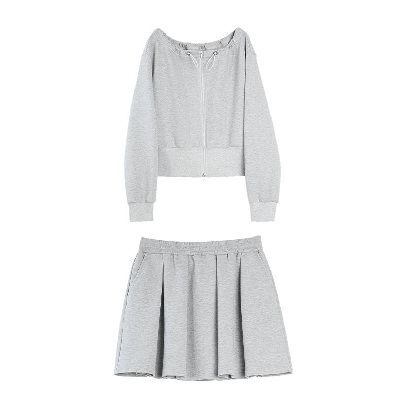 ELLE Two Piece Skirt Sets Women's Light Gray Boat Neck Moderate Cardigan