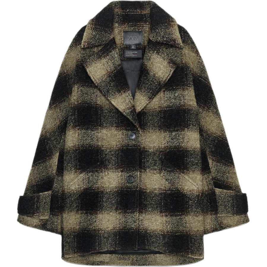 ZARA ZW Coats Women's Black/Green Lapel Moderate
