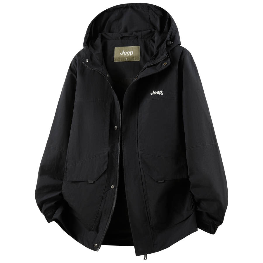 Jeep Trench Coats Unisex Pure Black Hooded Moderate