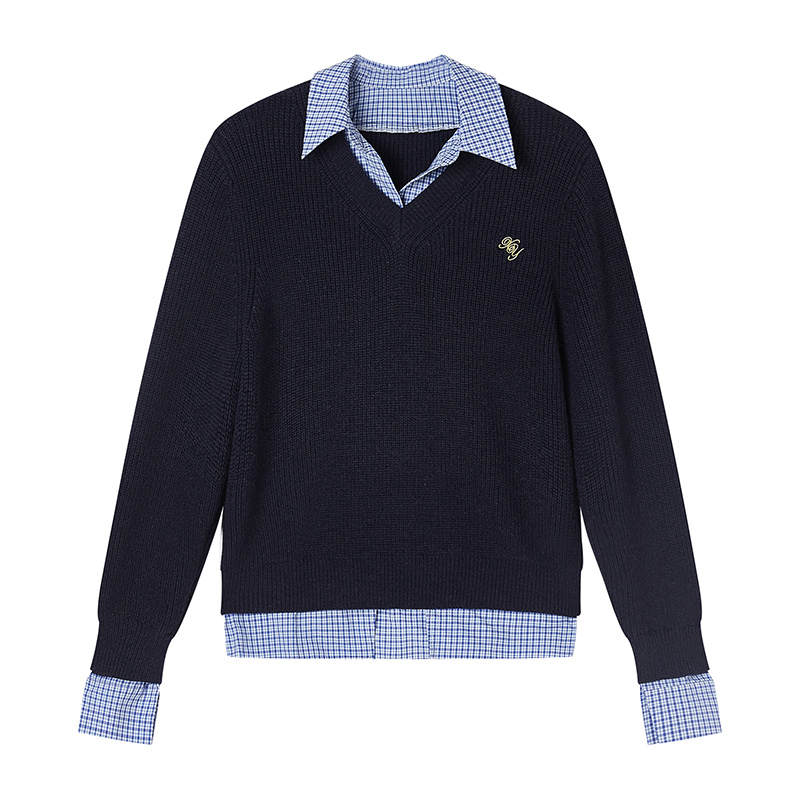 XIANGYING Knitwear Women's Navy Blue Lapel Moderate Mock Two Piece